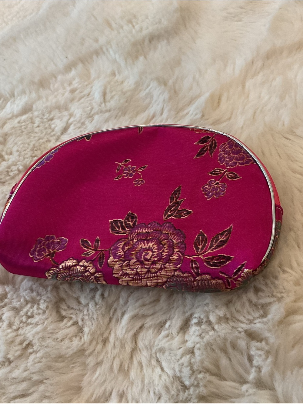 Hot Pink Floral Satin Mini Pouch with Gold Embroidery